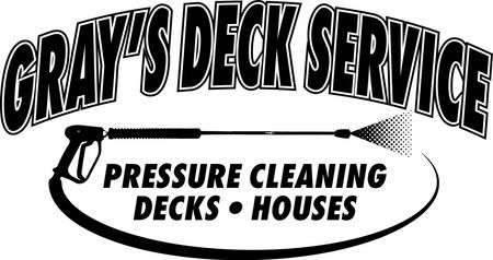 a black and white logo for gray 's deck service pressure cleaning decks and houses .