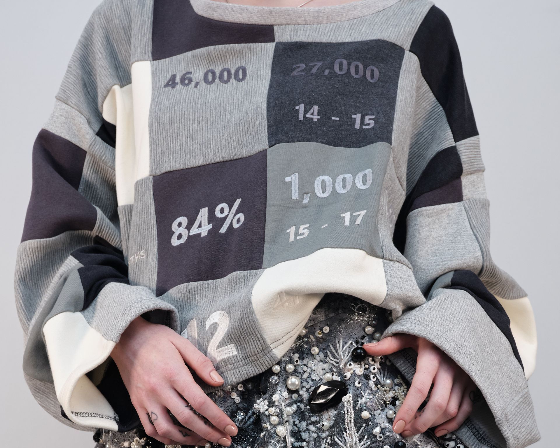 A person wearing a sweater that says 84 % on it