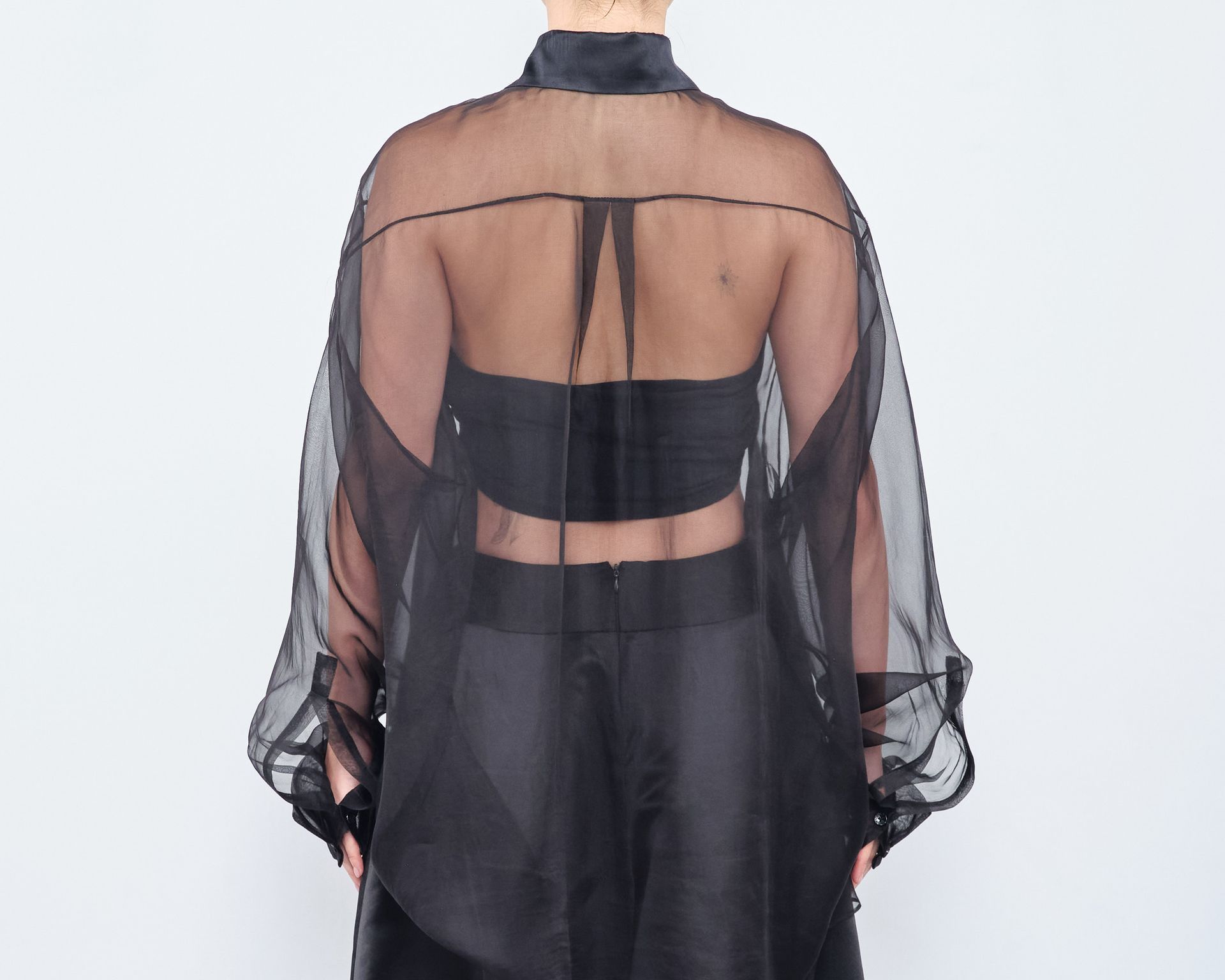 The back of a woman wearing a black sheer top