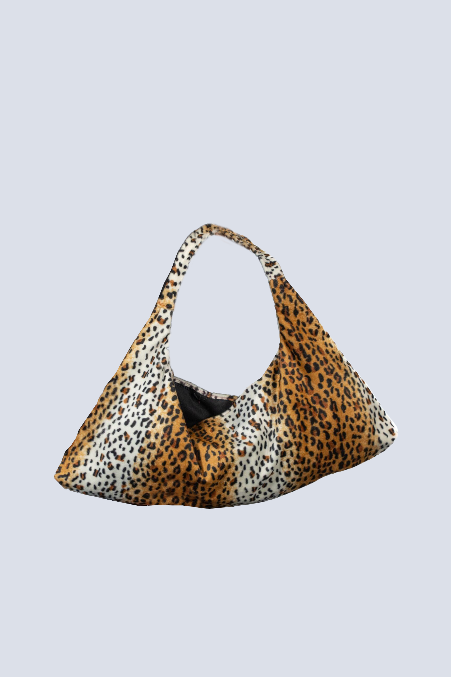 A leopard print purse with a long handle