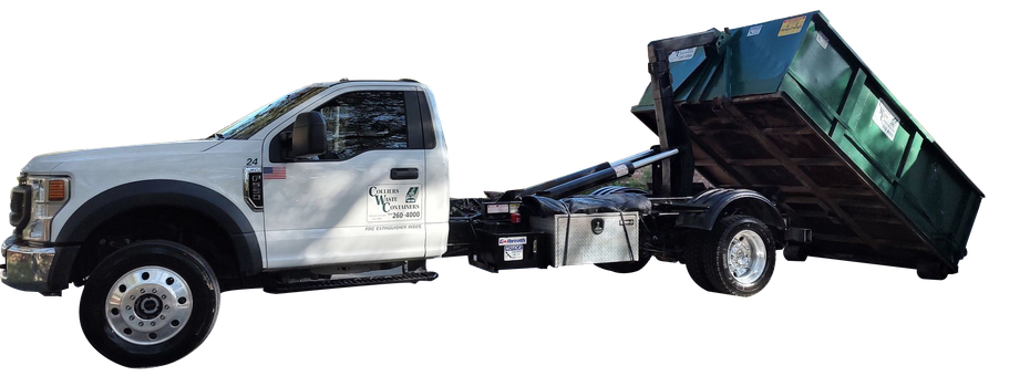 A dump truck with a green dumpster attached to it.