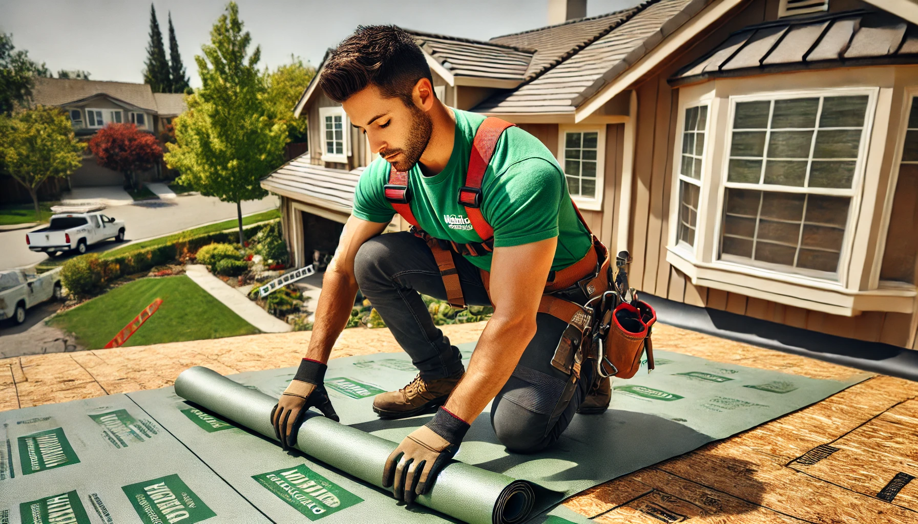 Roofer from Highland Roofing Group installs synthetic felt paper during a roof replacement project.