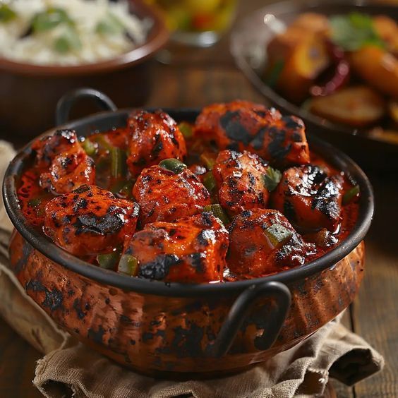Tandoori chicken in a copper dish, with rice and potatoes in the background.