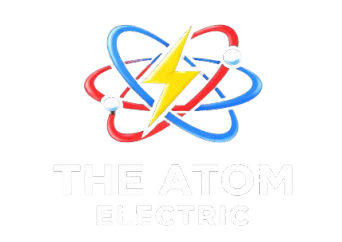 Logo of "The Atom Electric". Atom model with a lightning bolt through it in white, blue, red, and yellow.