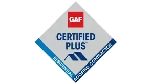 GAF Certified Plus residential roofing contractor logo: diamond with red, blue, and white elements.