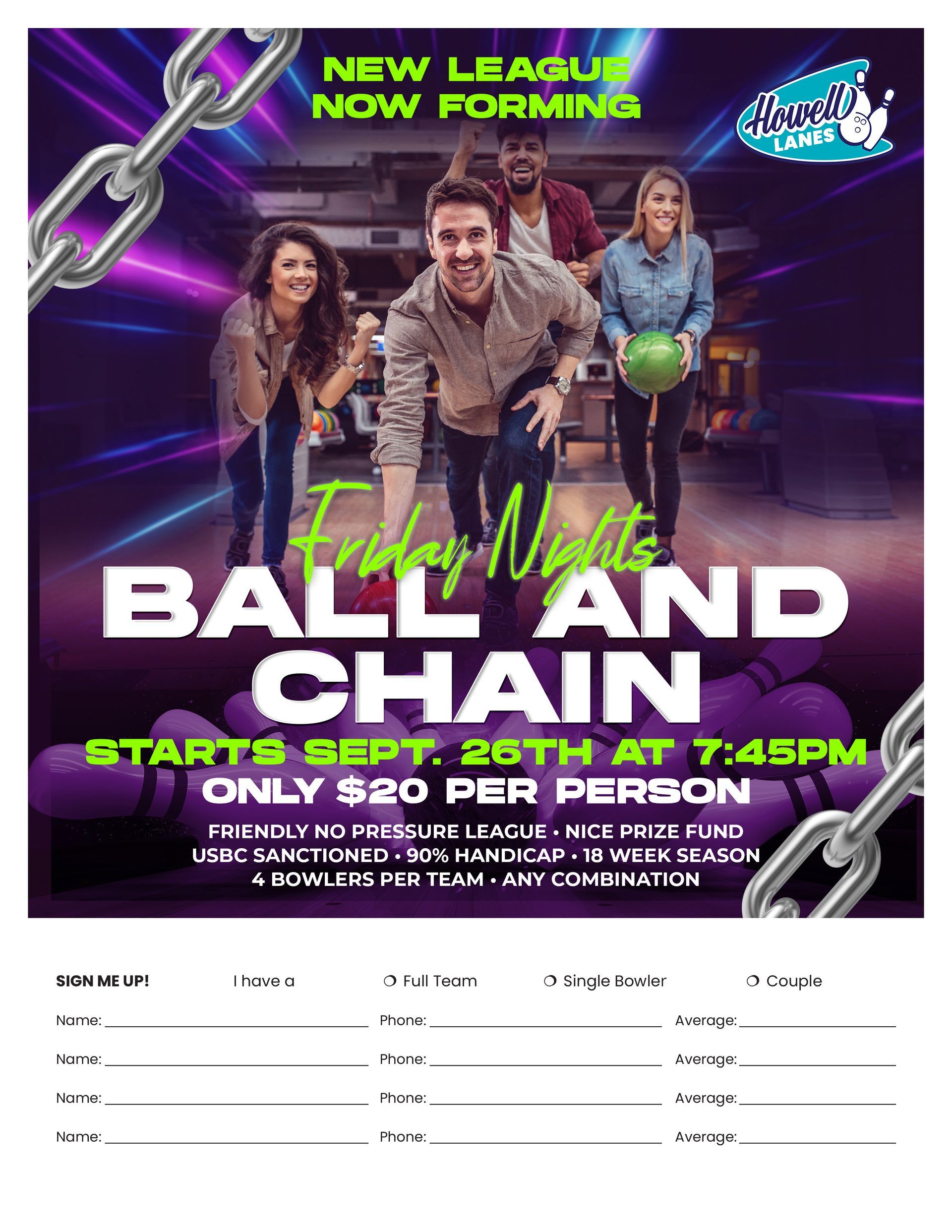 Bowling league flyer with smiling players and neon text: “Friday Nights Ball and Chain.”