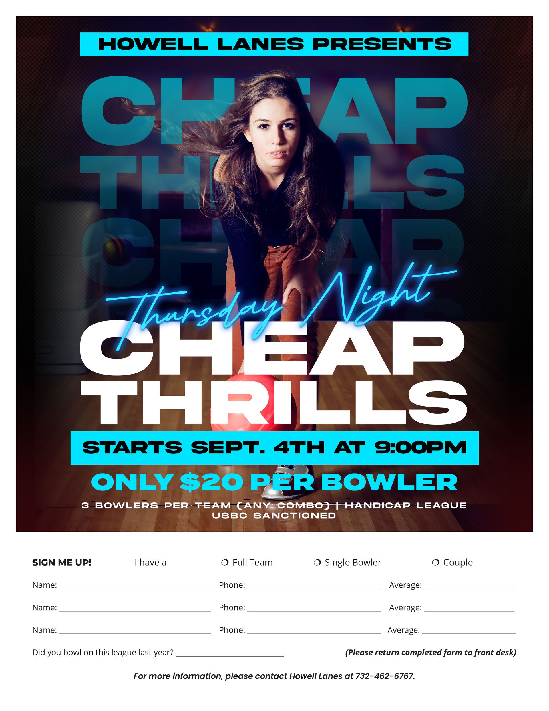 Howell Lanes Cheap Thrills Thursday Night bowling league flyer with woman posing