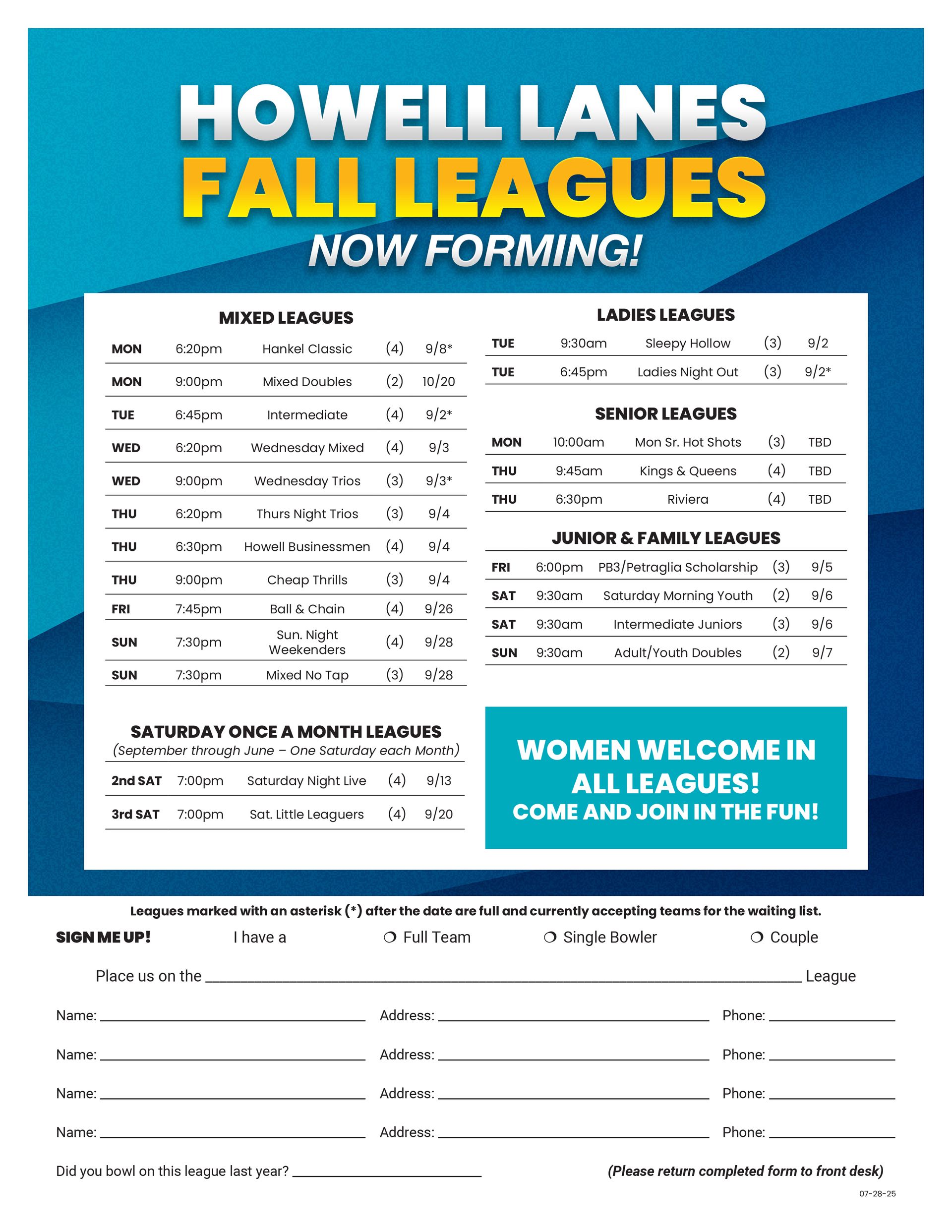 Howell Lanes flyer promoting fall bowling leagues with schedule and sign-up form