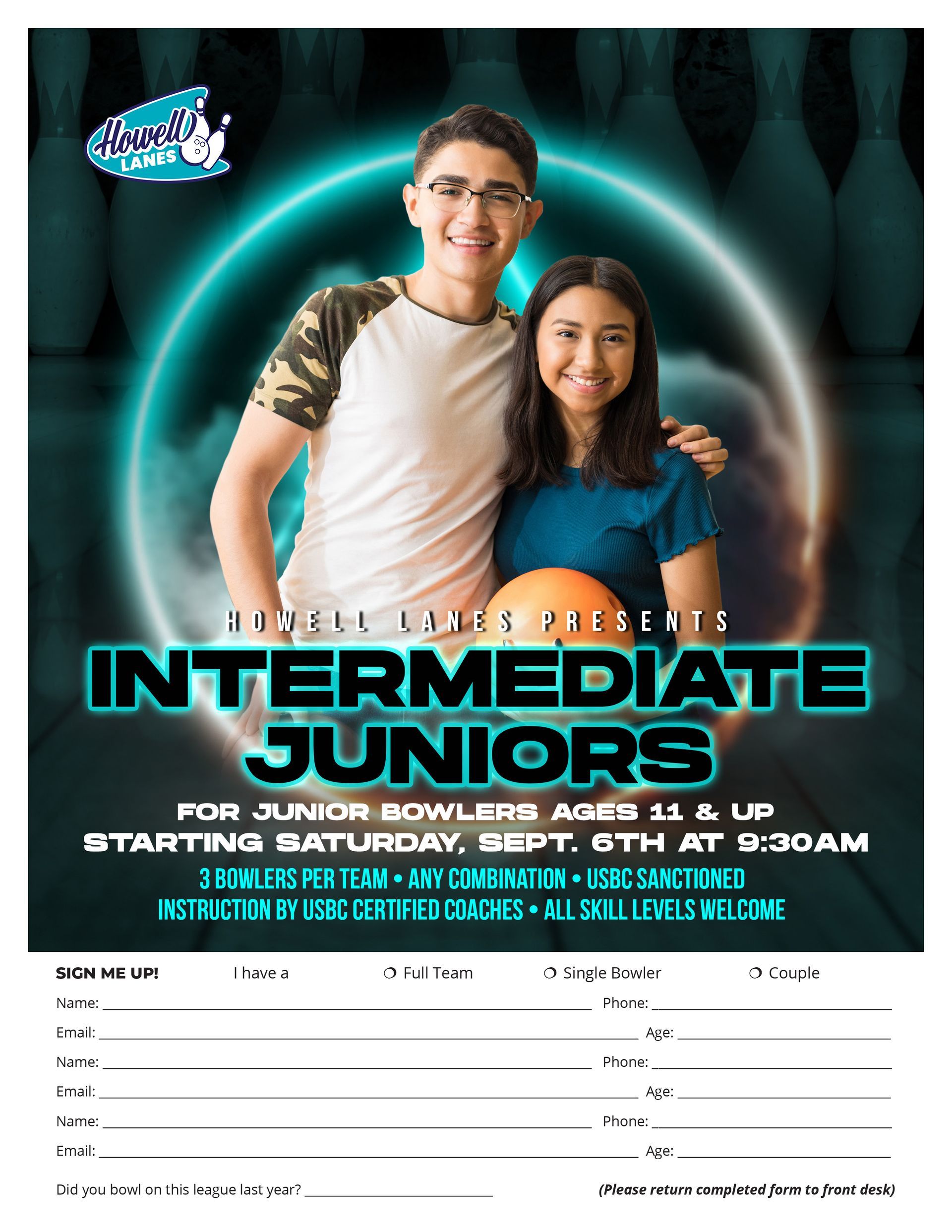 Two smiling teens holding bowling balls, promoting intermediate junior league.
