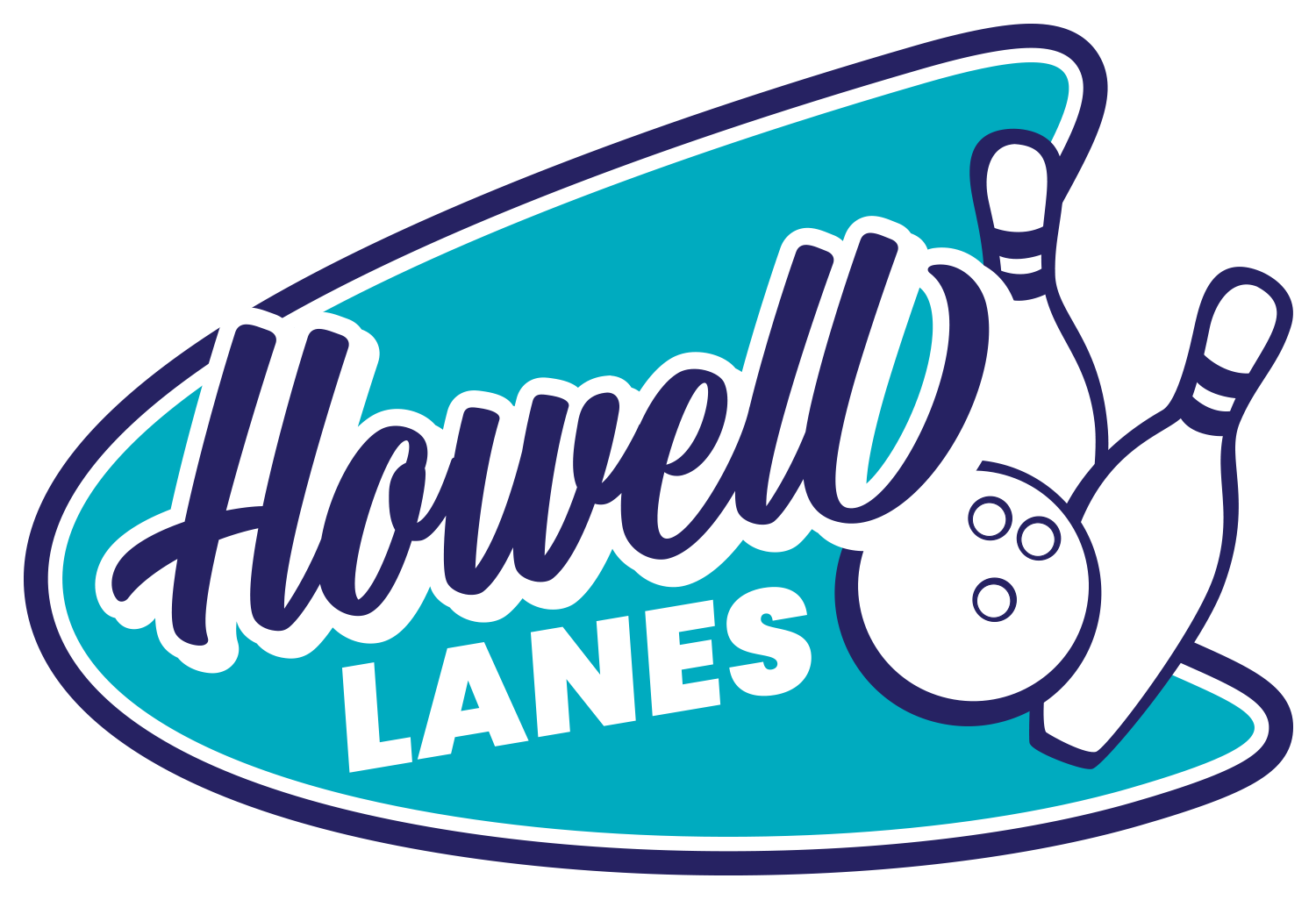 Howell Lanes bowling alley logo featuring bowling pins, ball, and teal oval design