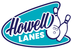Howell Lanes logo with teal background, white bowling pins, and navy bowling ball and text