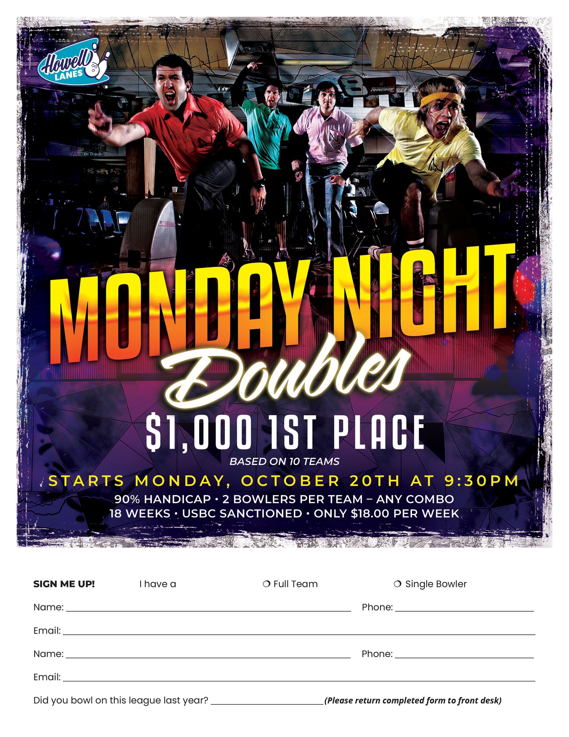 Flyer advertising Howell Lanes Monday Night Doubles bowling league with $1,000 prize
