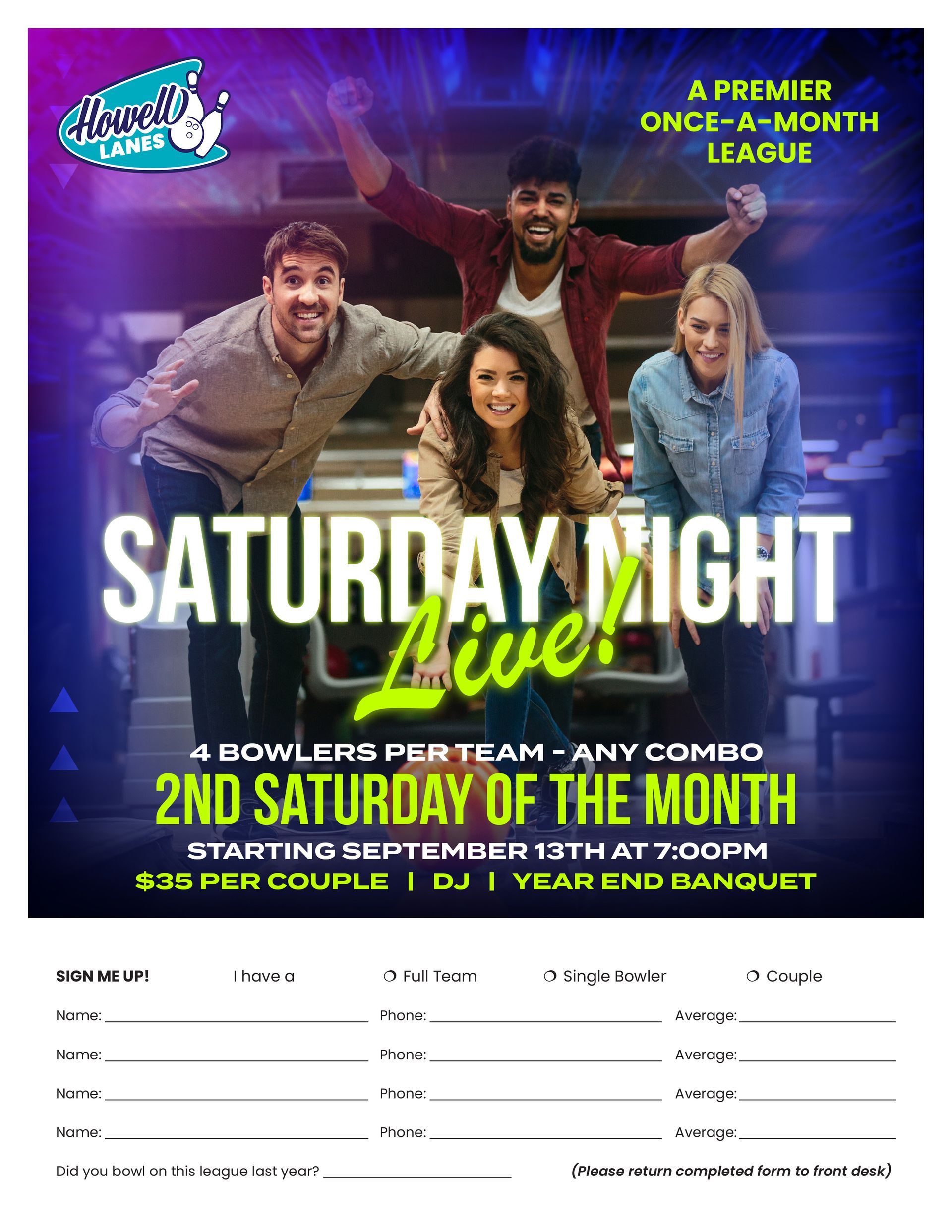 Four happy bowlers celebrating on “Saturday Night Live” bowling league flyer.