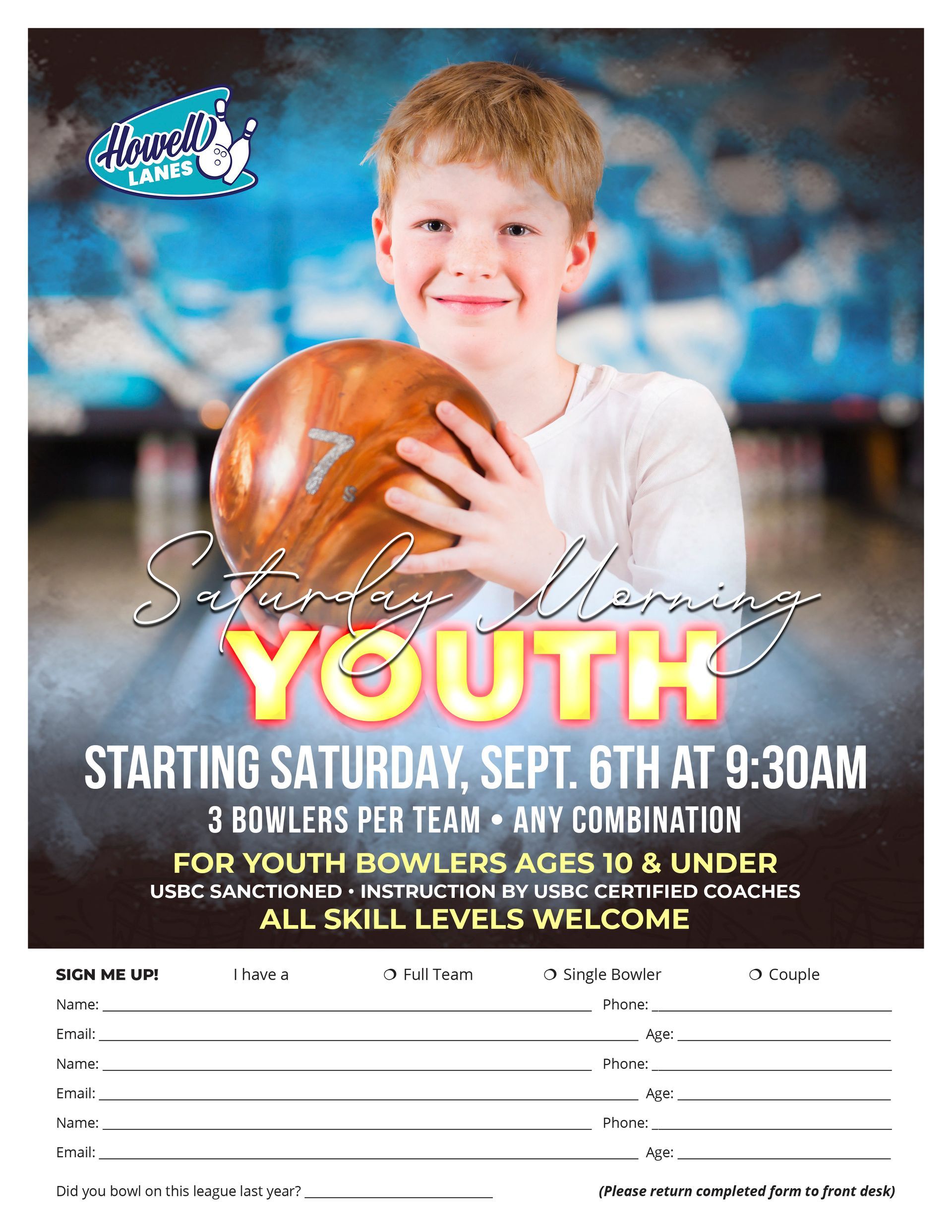 Young boy holding bowling ball, promoting youth league ages 10 & under.