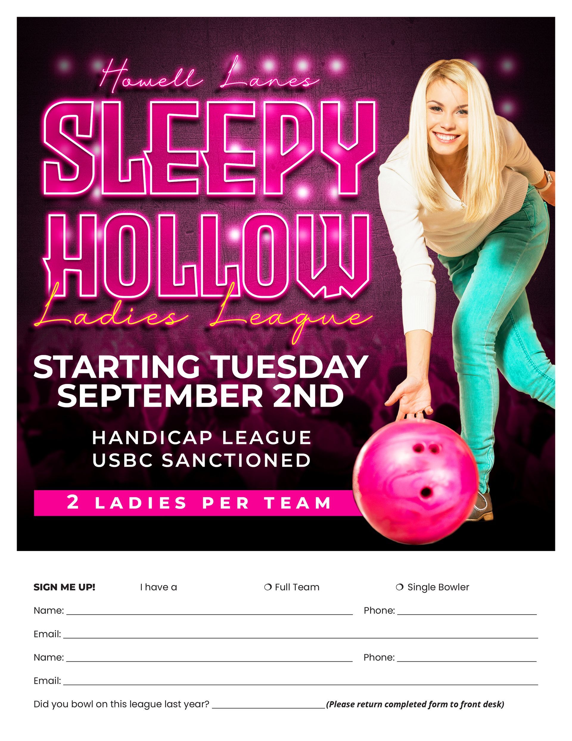 Woman bowling with pink neon “Sleepy Hollow Ladies League” text on flyer.