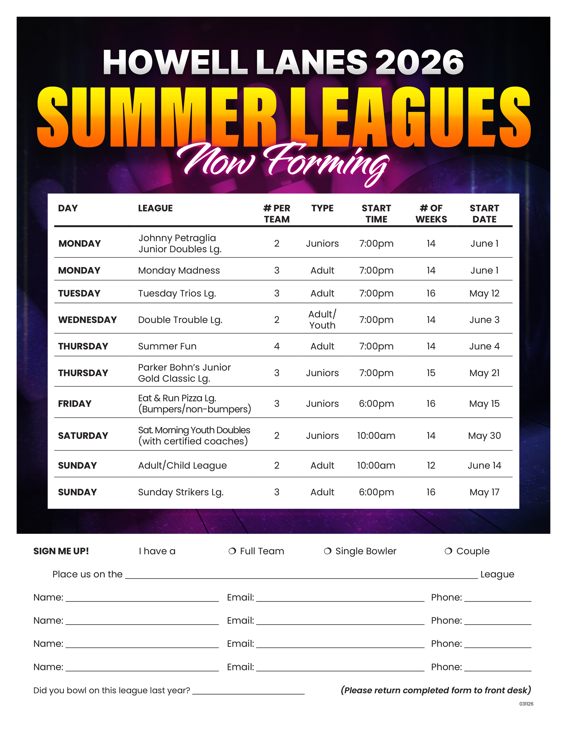 Howell Lanes flyer promoting fall bowling leagues with schedule and sign-up form