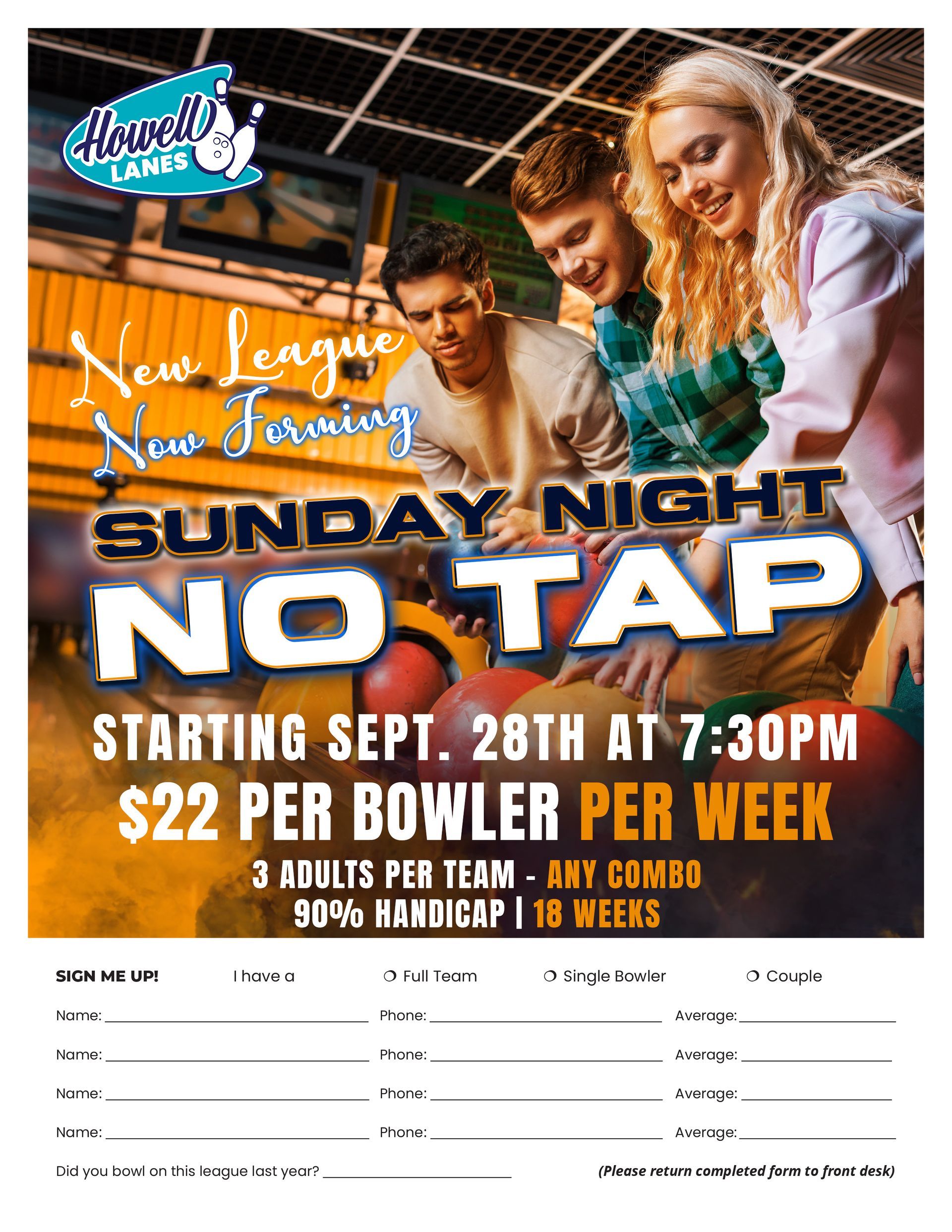 Three bowlers picking balls, promoting Howell Lanes Sunday Night No Tap League starting Sept. 28th.