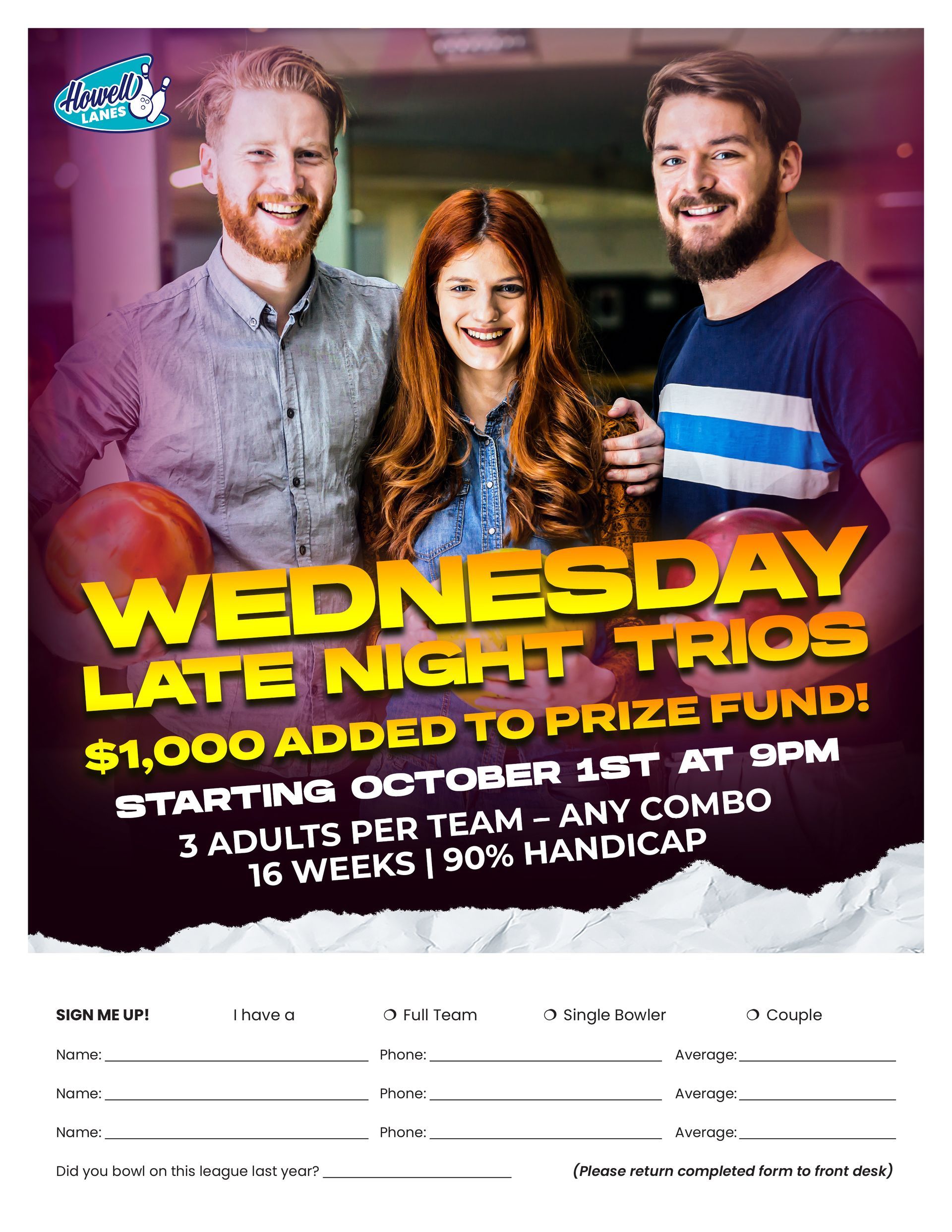 Three happy bowlers promoting “Wednesday Late Night Trios” league.