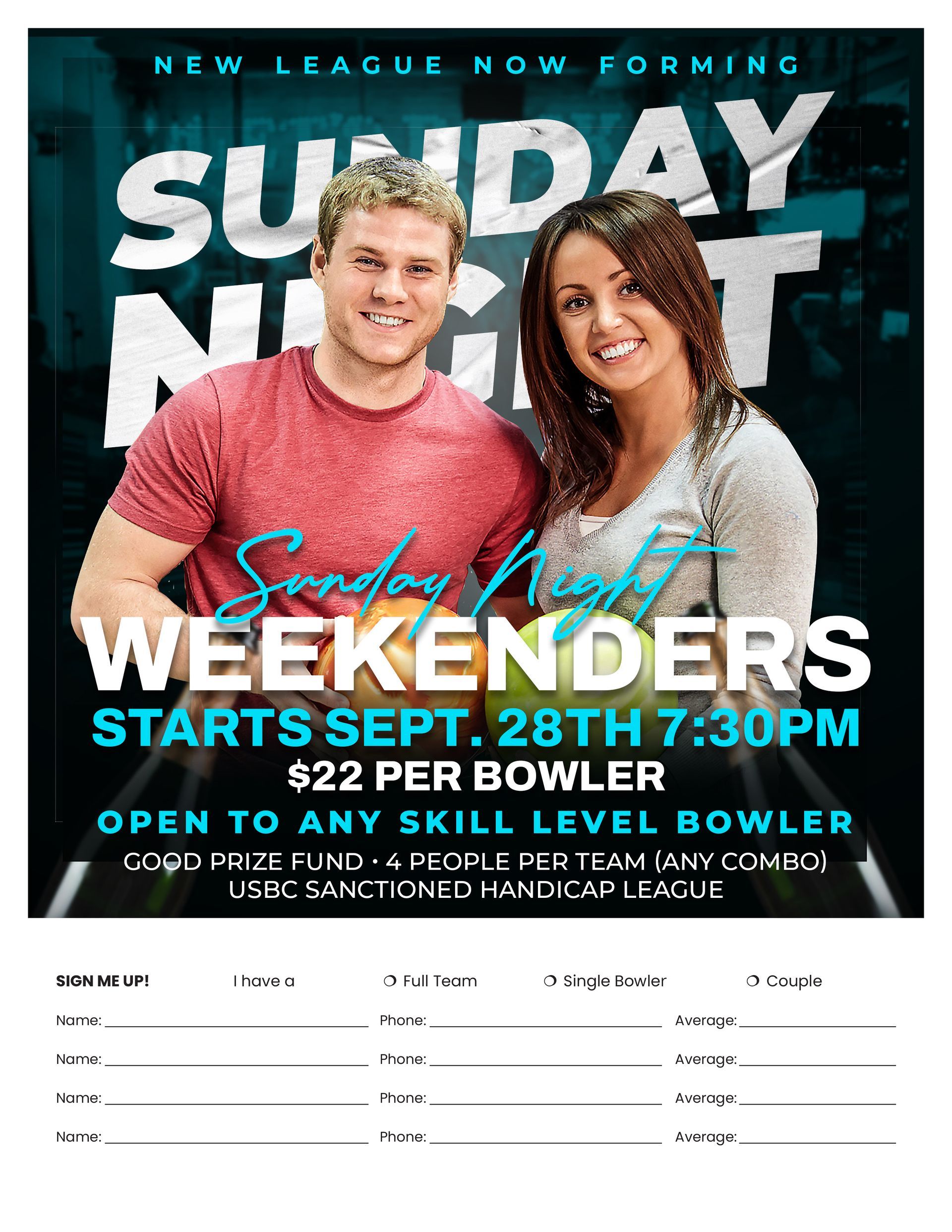 Smiling man and woman with bowling balls advertising Howell Lanes Sunday Night Weekenders League.