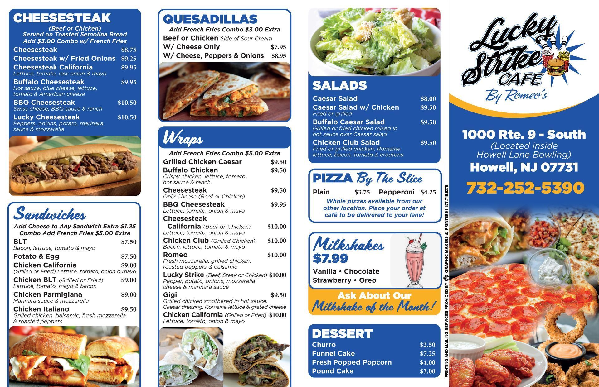 Lucky Strike Cafe menu page featuring cheesesteaks, quesadillas, wraps, salads, and pizza
