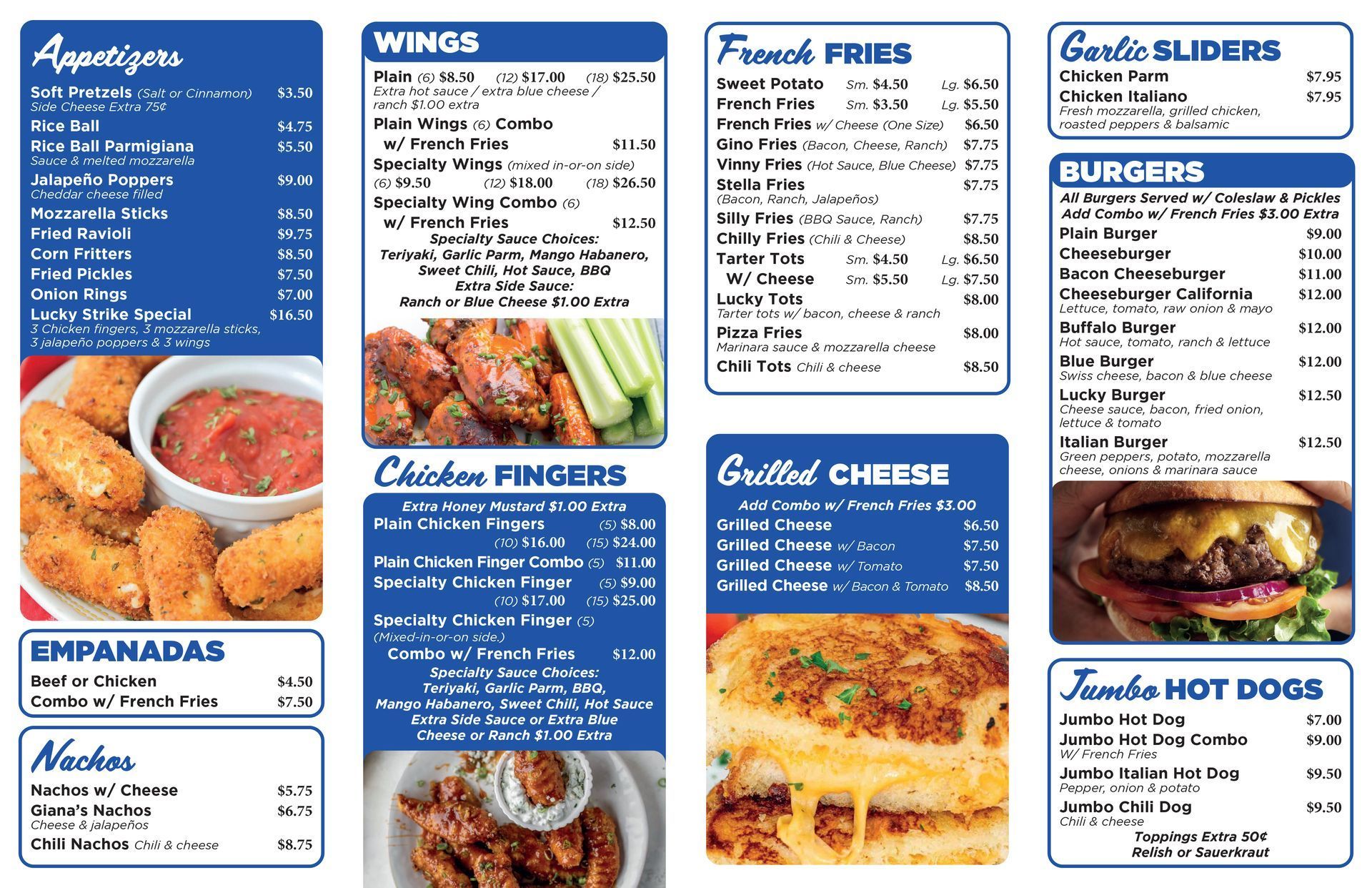  Lucky Strike Cafe menu page with appetizers, wings, burgers, garlic sliders, and hot dogs