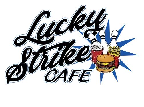 Lucky Strike Cafe logo with bowling pins, burger, fries, and soda cup