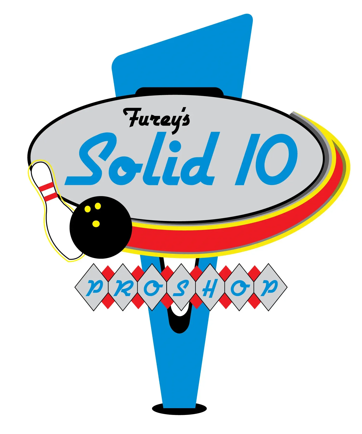 Logo for Fureyβs Solid 10 Pro Shop featuring a bowling pin, ball, and colorful retro sign.