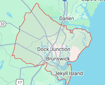 A map showing the location of dock junction brunswick and jekyll island