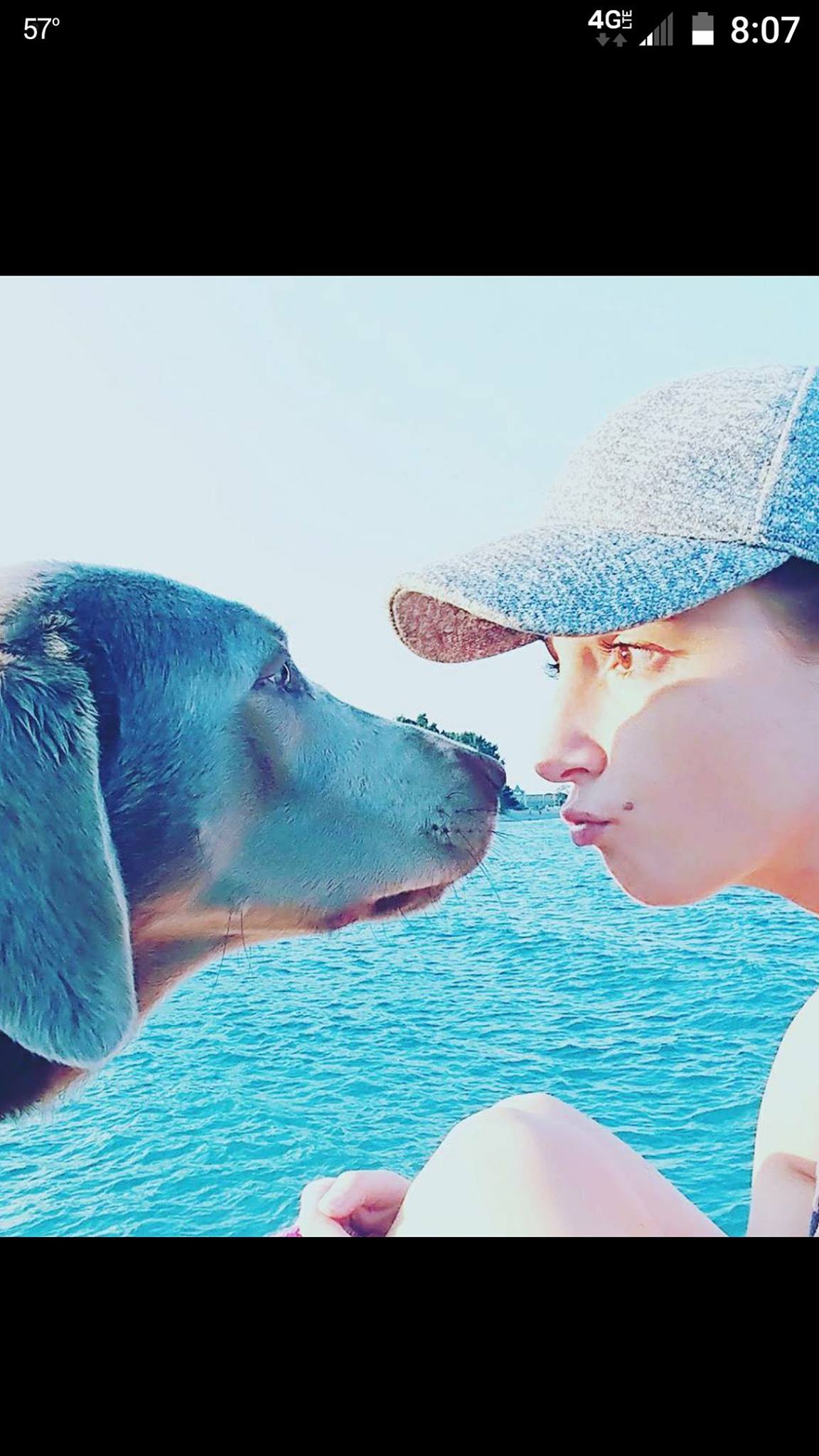 A woman and a dog are looking at each other.