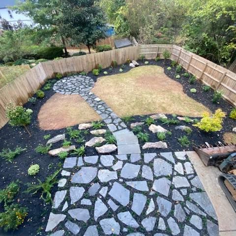 Backyard with stone pathway, beds of plants and grass, enclosed by wooden fences.