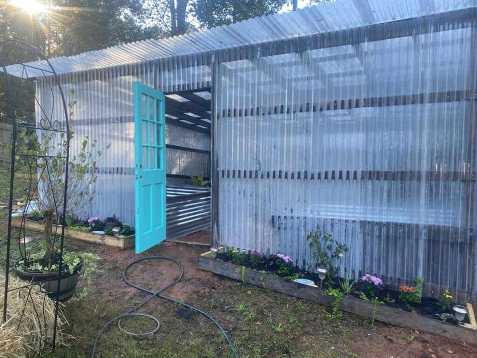A small greenhouse made of corrugated metal with a turquoise door, and garden beds with flowers.