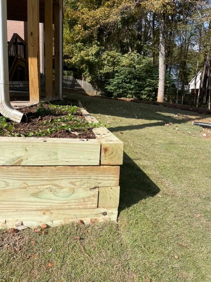 Wooden raised garden bed next to a building, with green grass and trees in the background.