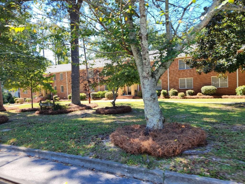 Trees with mulch beds in front of brick apartment buildings on a sunny day.