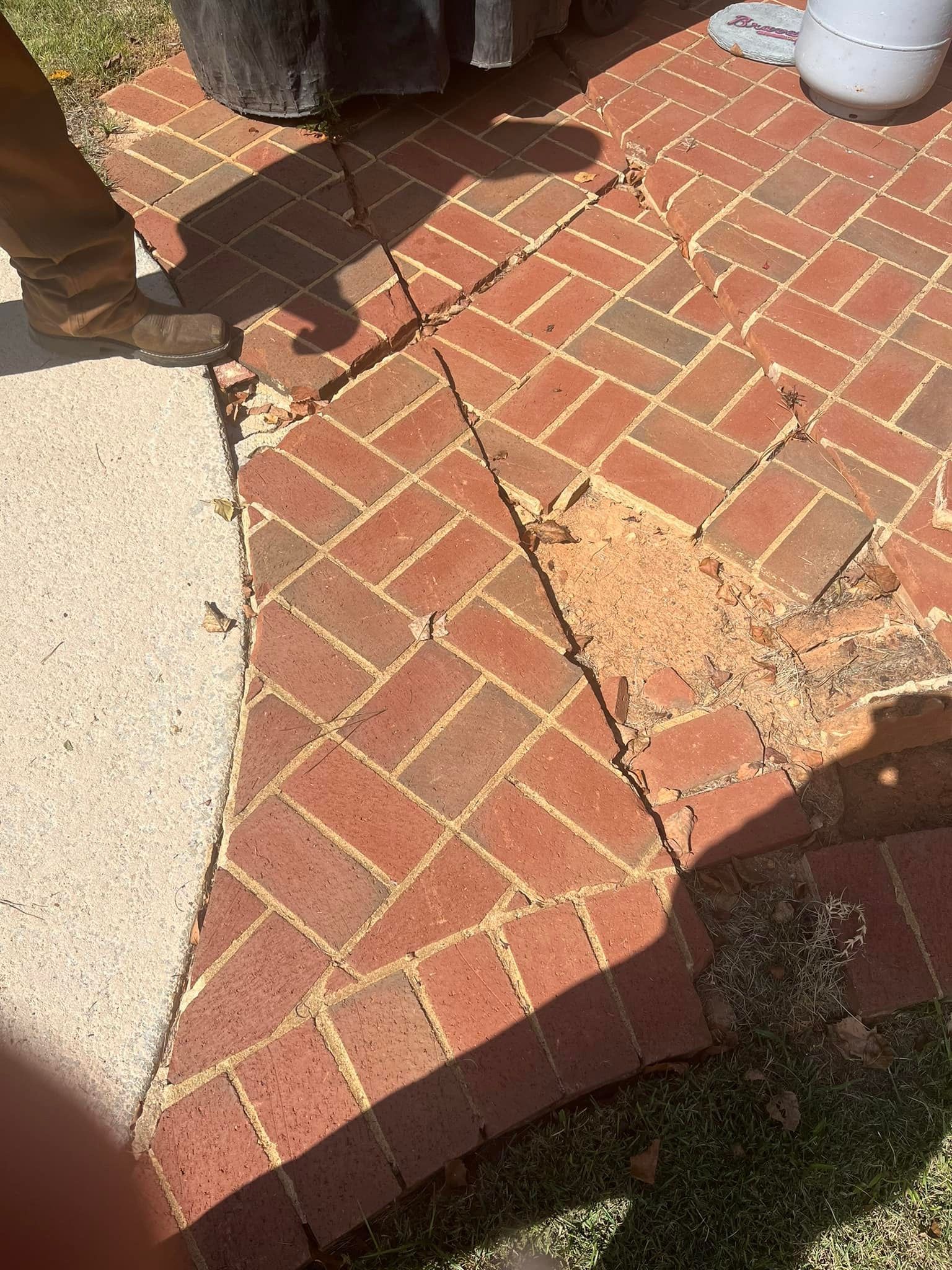 Brick walkway with damaged sections; some bricks missing, near a concrete edge.