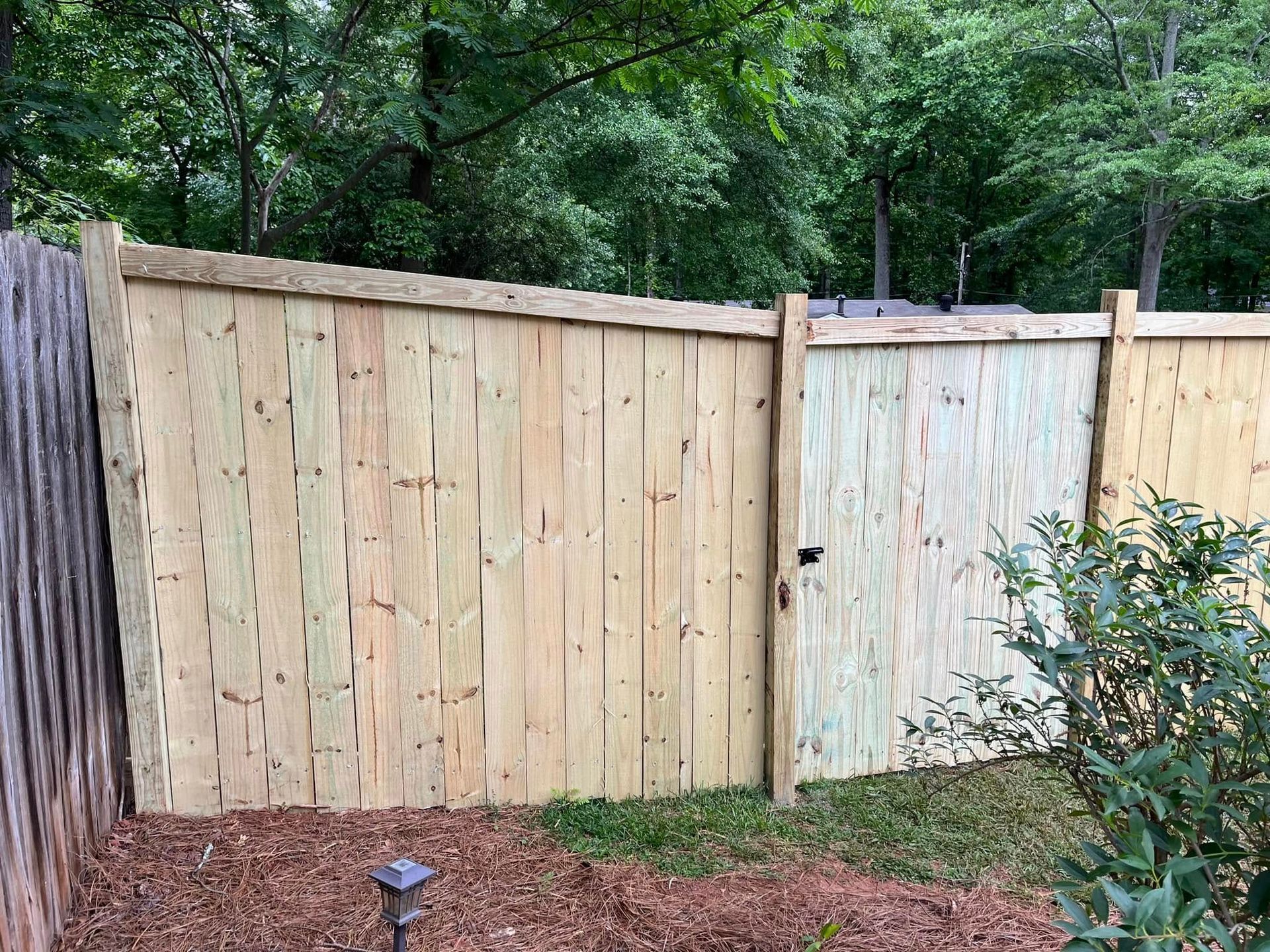 Wooden fence in a backyard with trees in the background and a patch of grass.
