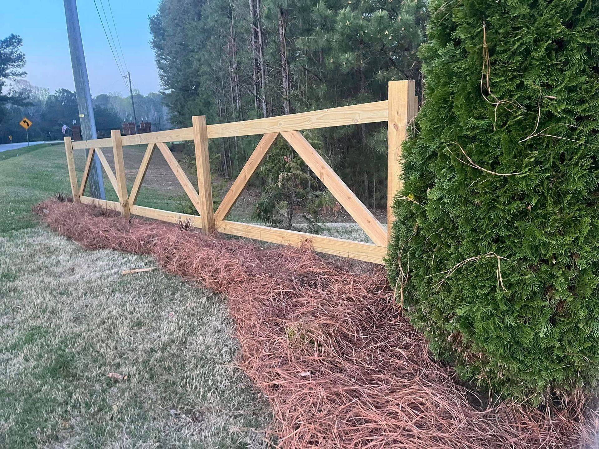 Wooden fence with a triangular pattern, bordered by pine straw, next to green grass and a large evergreen.