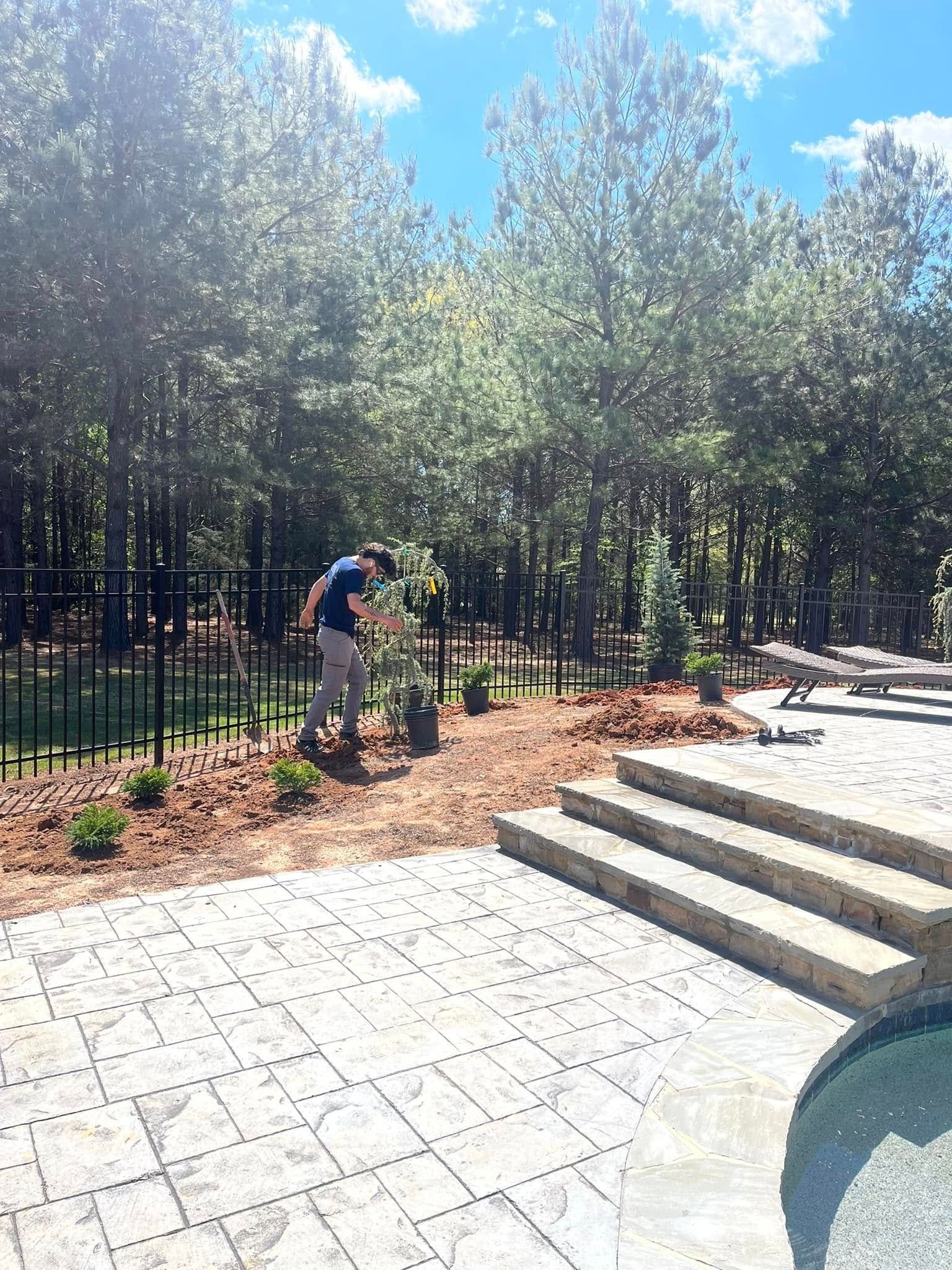 Man planting near a patio and trees, sunny day.