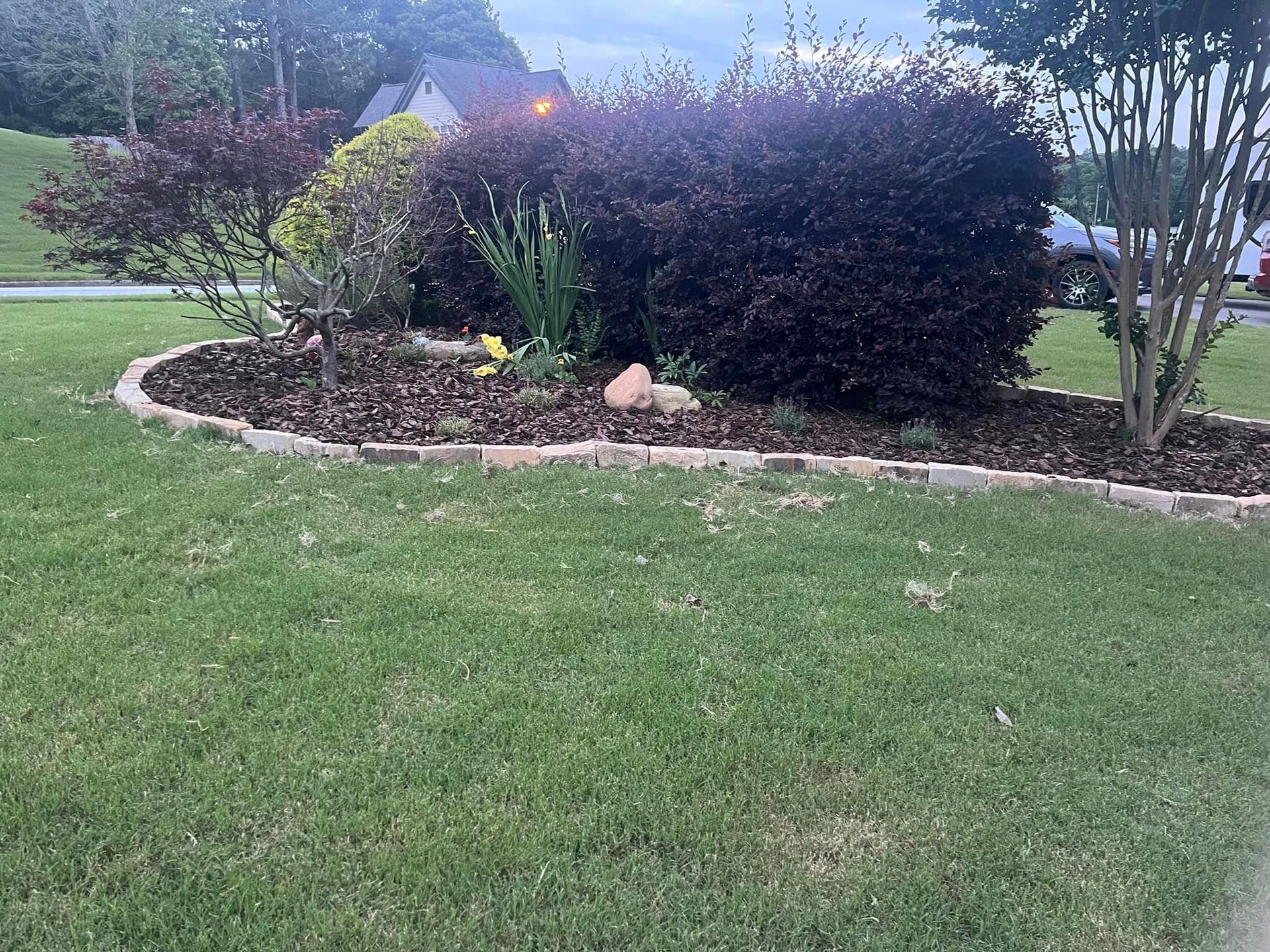 Landscaped flower bed with shrubs and mulch bordered by stone, in front of green grass.