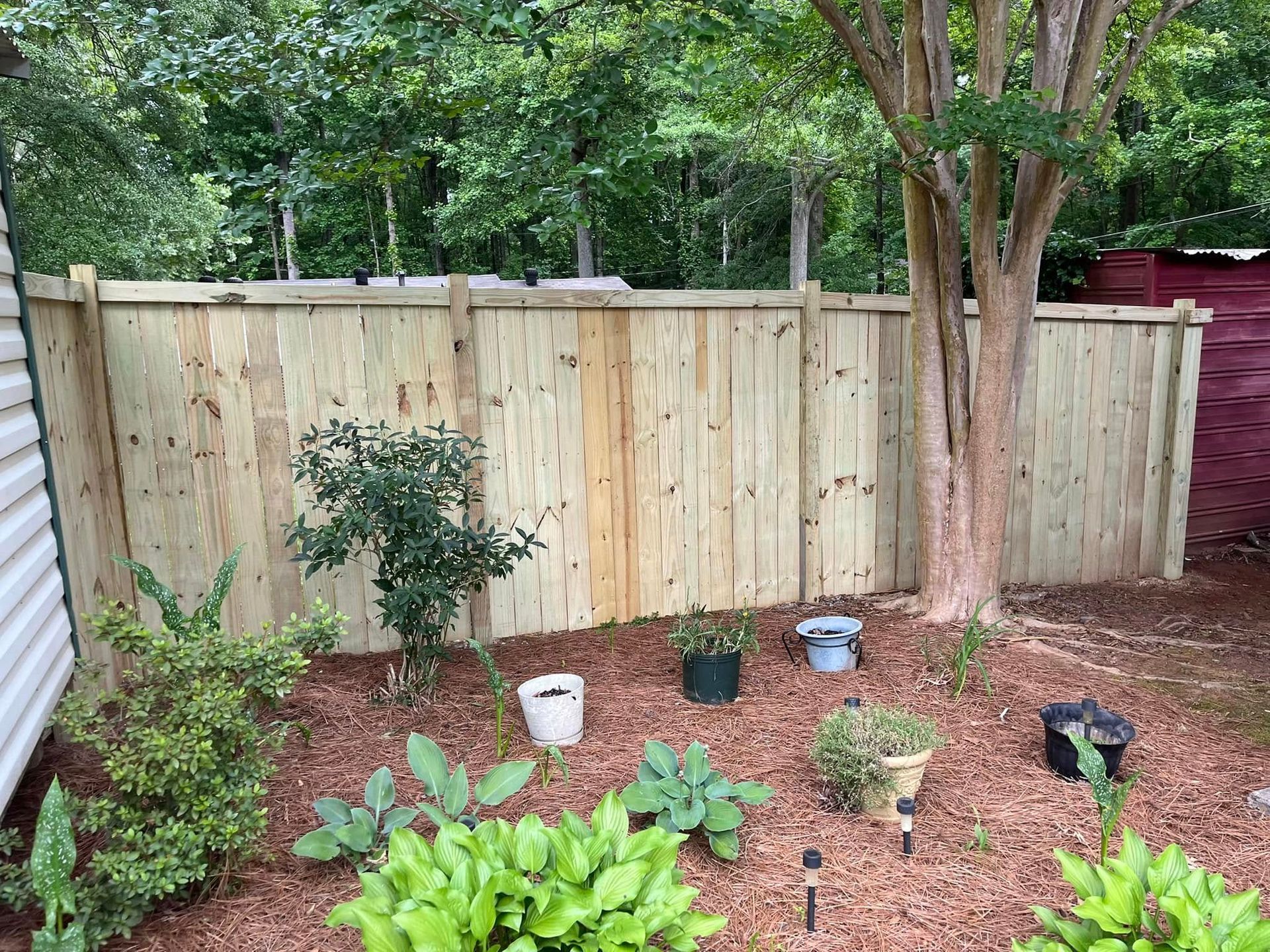 Wooden fence with a garden in front of it. Mulch, plants, and pots are present.