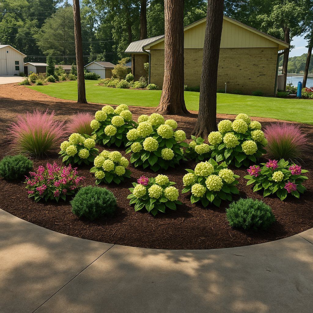 Circular garden bed with green hydrangeas and pink flowering plants surrounded by brown mulch.