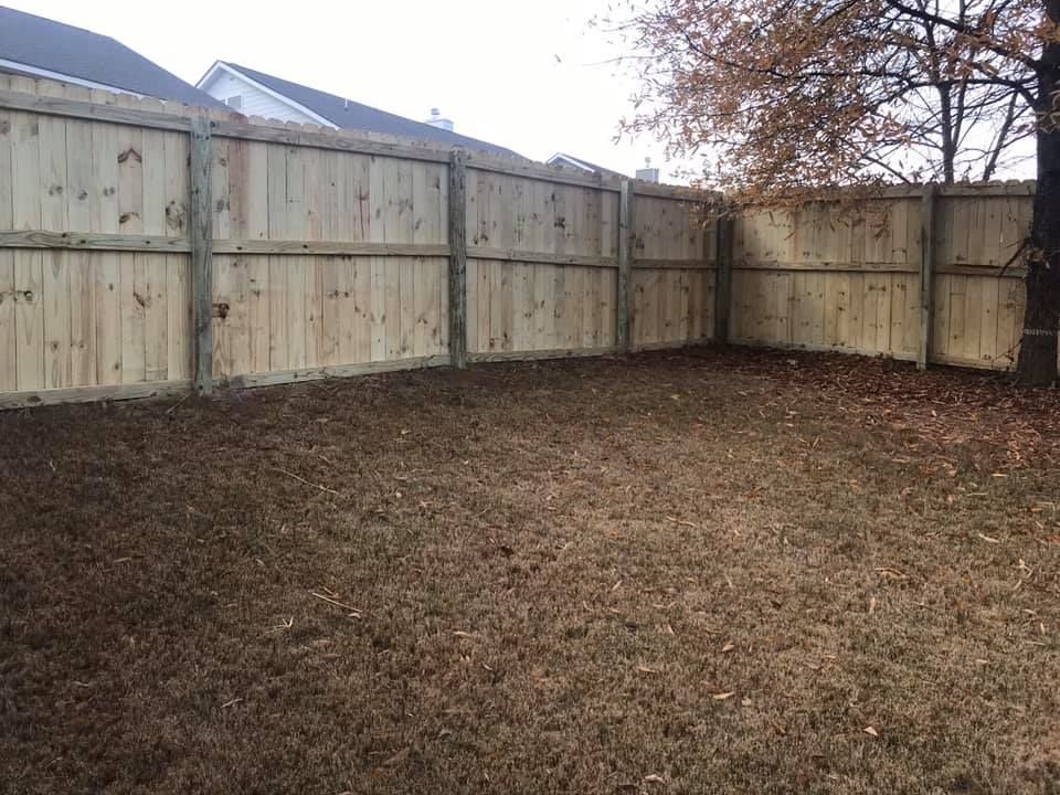 Wooden fence enclosing a brown, grassy yard. Cloudy sky in background.