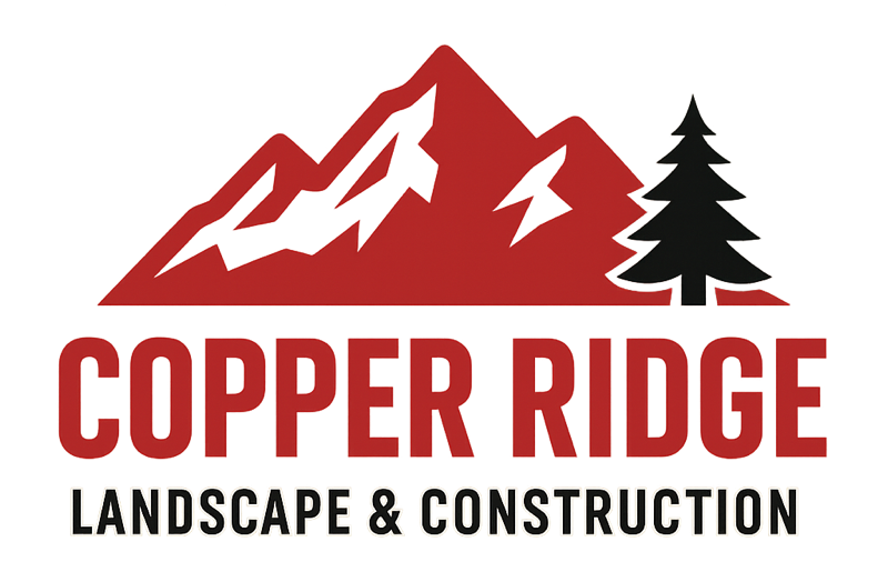Logo for Copper Ridge Landscape & Construction featuring red mountains, a black pine tree, and the company name.