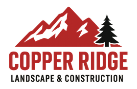 Logo for Copper Ridge Landscape & Construction featuring red mountains, a black pine tree, and the company name.