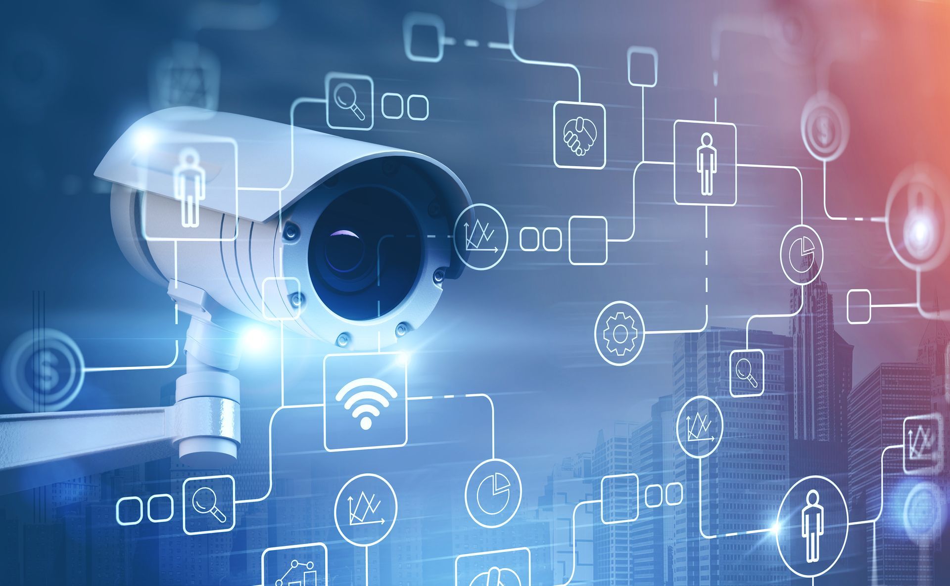 Blue security camera with digital interface icons, representing surveillance and smart technology.