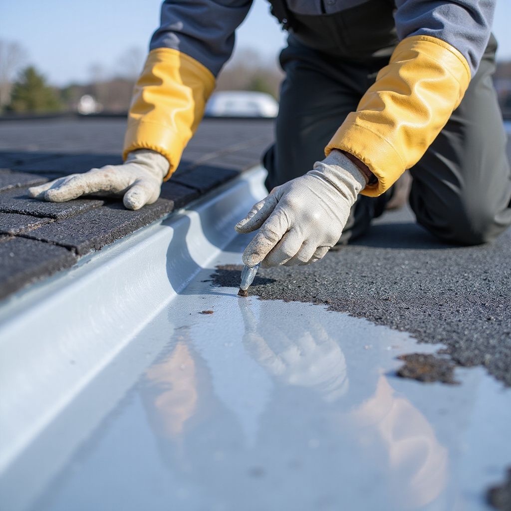 Person in yellow gloves repairs a roof gutter with waterproof sealer on a rooftop.