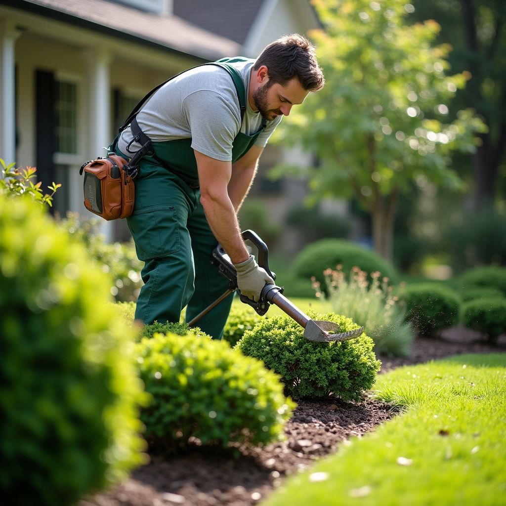 Gardener pruning shrubs in a residential yard, wearing green overalls and using a hedge trimmer.