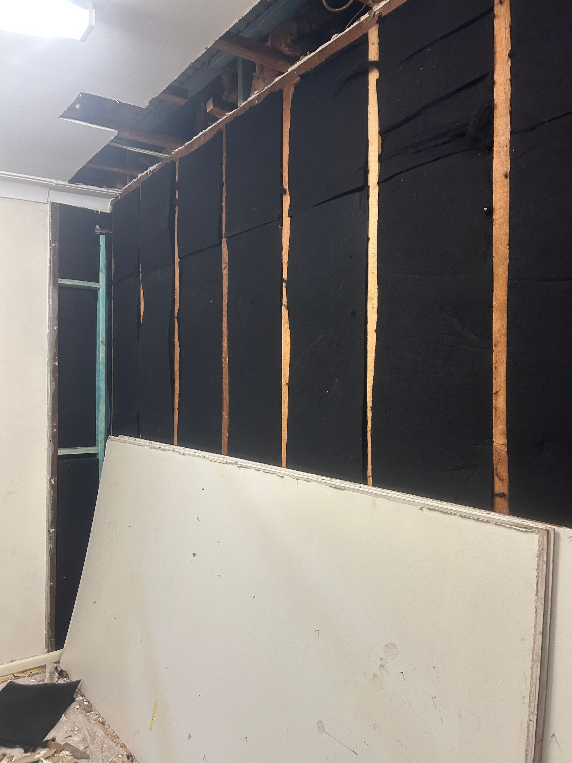 Interior wall under construction; exposed studs with black acoustic insulation and drywall.