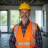 Construction worker smiles, wearing yellow hard hat, orange safety vest, plaid shirt, in unfinished building.