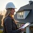 Woman in hard hat inspecting a house, holding clipboard.