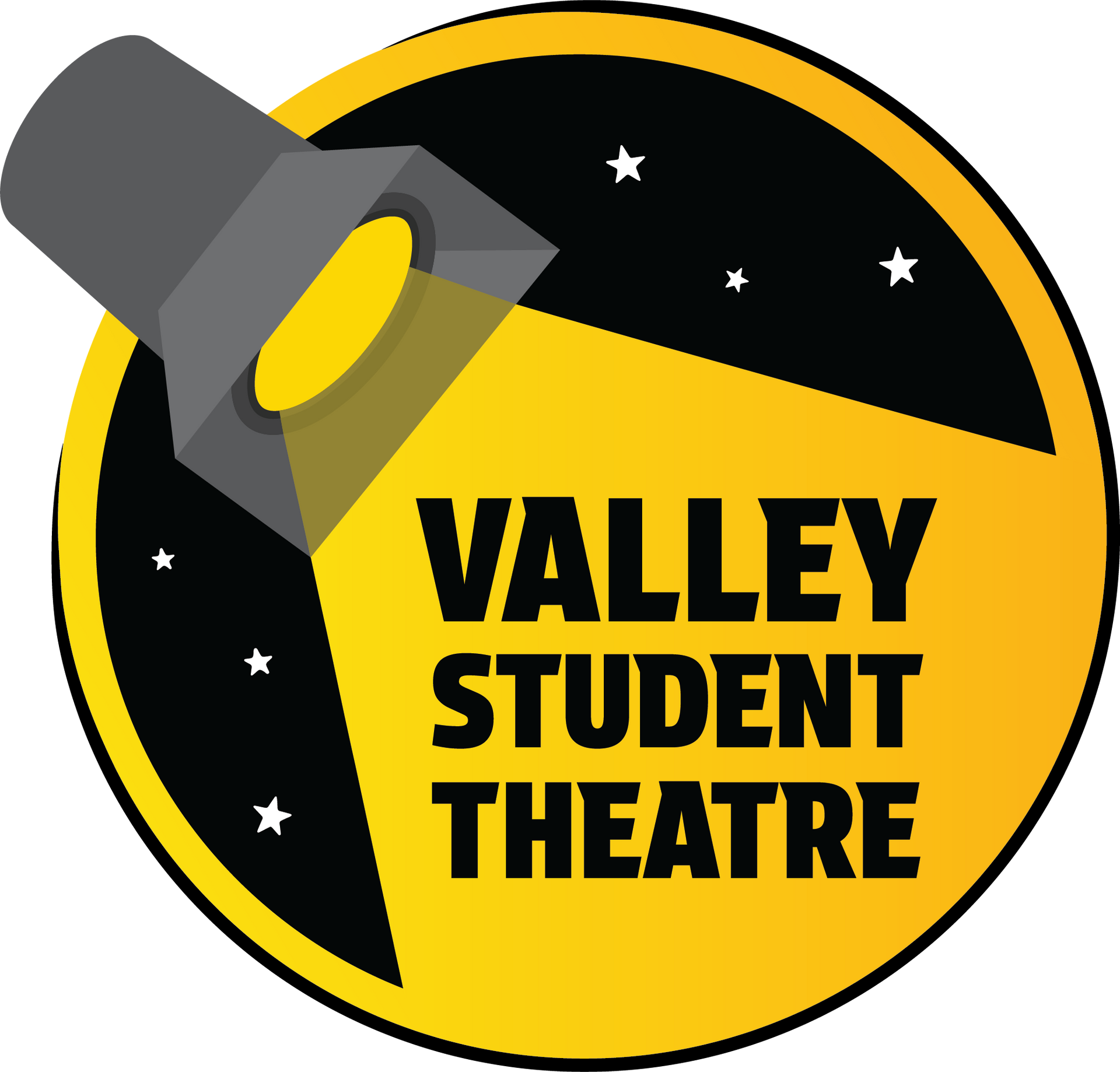 Logo for Valley Student Theatre: spotlight shining on yellow with black text and stars.